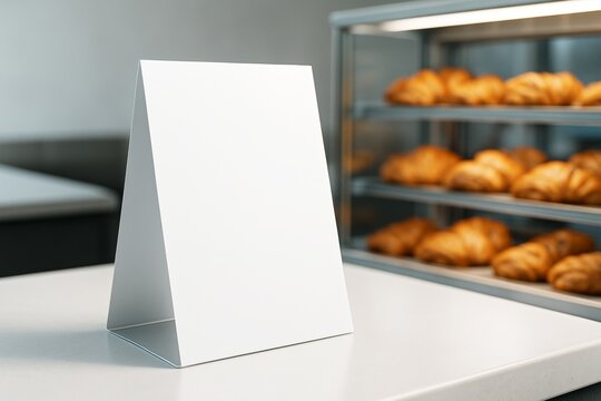 Blank table tent mockup on white counter in bakery with croissants in background, perfect for branding and menu display in clean layout concept. Ai generative