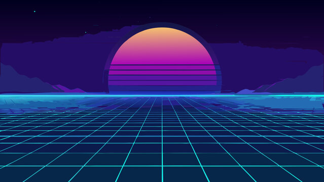 Retro futuristic synthwave landscape with glowing sun and grid, vector