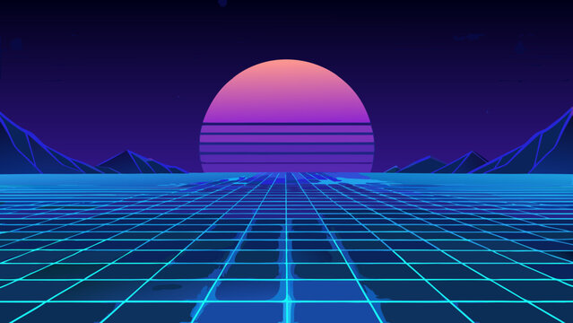 Retro futuristic synthwave landscape with neon grid and sun, vector
