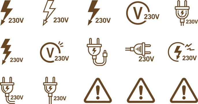 A collection of brown electrical warning icons featuring lightning bolts voltage symbols power plugs and caution triangles.