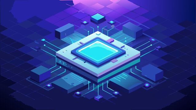 Isometric glowing computer processor microchip technology, vector