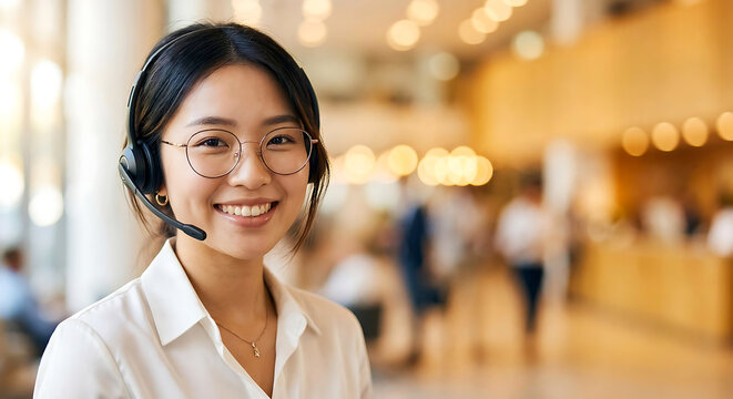 Friendly Asian female customer support representative wearing a headset in a professional office environment. Smiling young businesswoman working as a help desk consultant in a modern workplace.