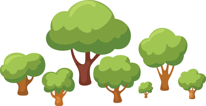 A simple cartoon illustration of multiple green trees of different sizes on a white background.
