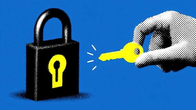 Stylized graphic with black padlock and vivid yellow keyhole on solid blue background, halftone textured human hand holding bright yellow key approaching lock