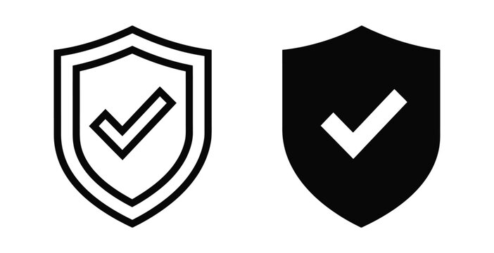 Shield icon with check mark in black and white Vector