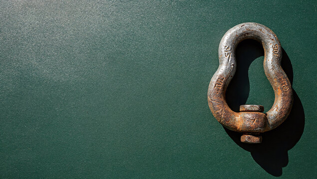Top view of heavy duty rusty steel bow shackle on dark green matte textured surface background