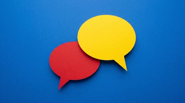 Two vibrant paper speech bubbles in bright yellow and bold red colors are arranged artistically to symbolize communication and dialogue in this simple flat layout.