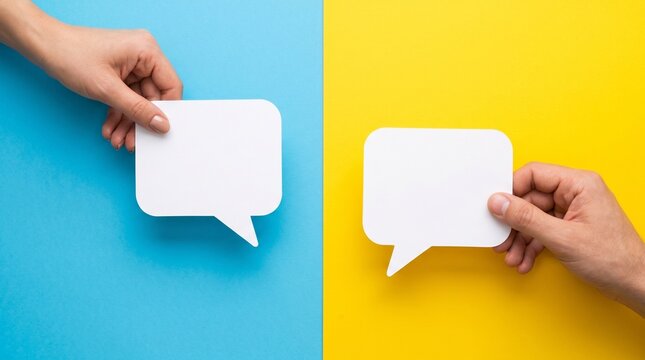 Two human hands holding empty white speech bubbles made of paper against a vibrant split blue and yellow surface viewed from a high angle perspective.