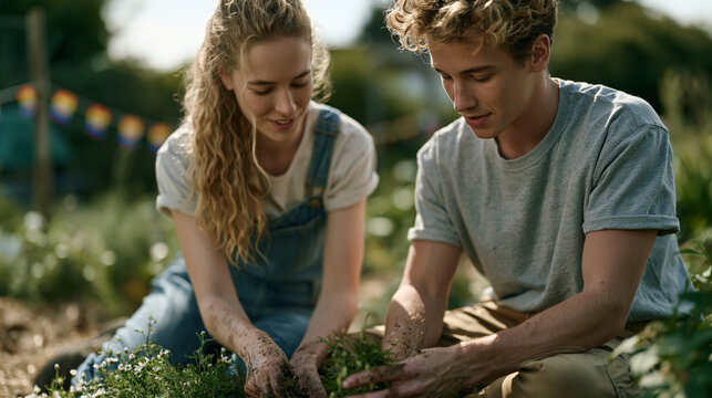 A queer couple plants native wildflowers together in a community garden plot decorated with small rainbow flags on a bright June morning, soil on both pairs of hands, laughing