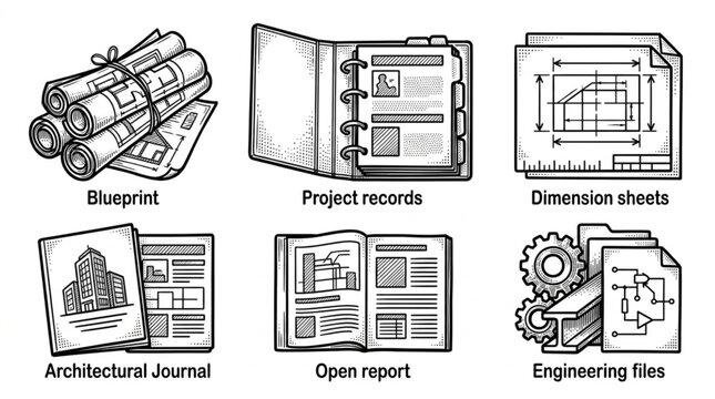 Collection of architectural and engineering documents and blueprints.