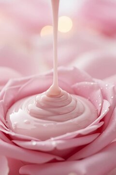silky pink cream now flows in a continuous ribbon, pools right in the heart of the rose, and swirls with those tiny ripples while the dewdrops catch the light. The bokeh in back twinkles jus