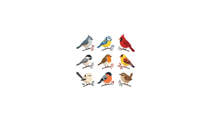 Cute winter backyard birds vector illustration set featuring cardinal chickadee robin bullfinch perched on branches isolated on white background © Ruma