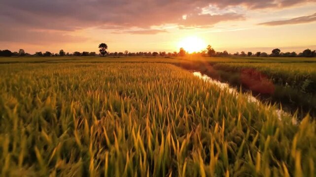 Golden rice field at sunset with scenic sunset sky and water canal