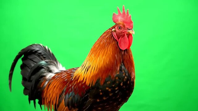 A Majestic Rooster Stands Proudly Against a Vibrant Green Screen Background.