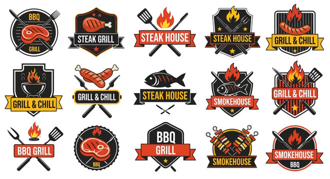 A collection of various vintage style barbecue and grill restaurant emblem designs