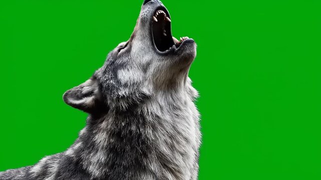 Close-up of a wolf howling with its mouth open against a green screen background.