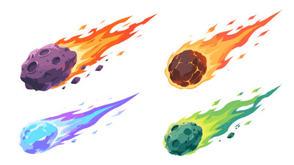 Set of colorful flaming asteroids and comets in vector style © Mark