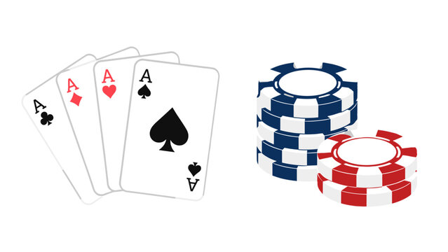 Playing cards and casino chips isolated on white background