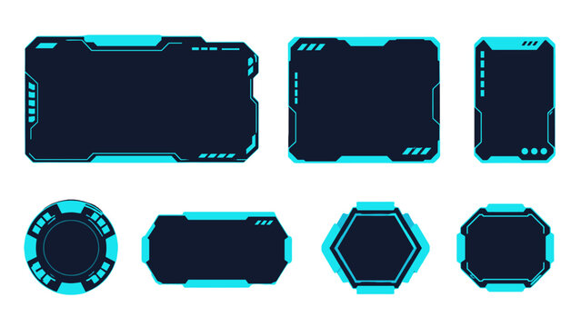 Futuristic cyber interface panel set with neon blue HUD frames
