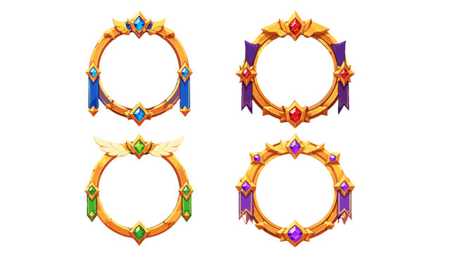 Set of ornate golden circular game frame borders with gems
