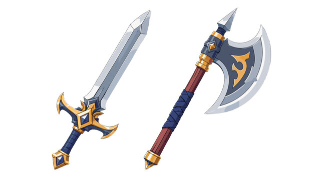 Fantasy sword and battle axe isolated vector set