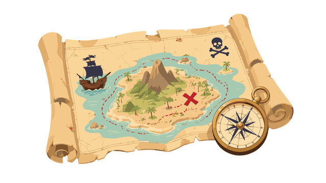 Pirate treasure map with island, compass and sailing ship