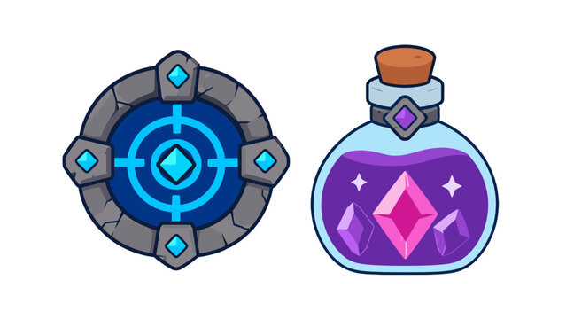 Fantasy game interface icons with stone target and gem potion