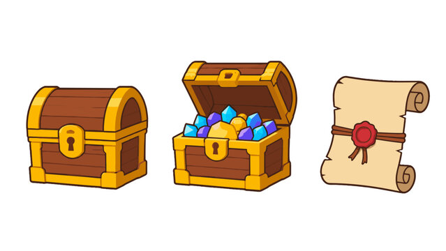 Cartoon treasure chests with gems and sealed parchment scroll