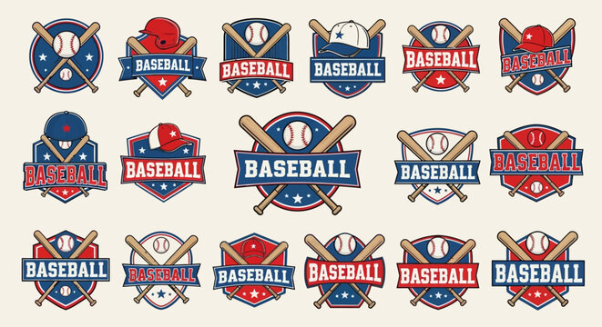 A collection of vintage style baseball sport emblems and badges