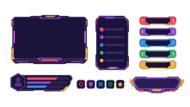 Futuristic gaming interface panels buttons and status bars