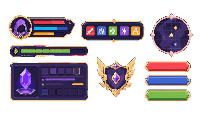 Fantasy game interface set with buttons, bars, icons and minimap