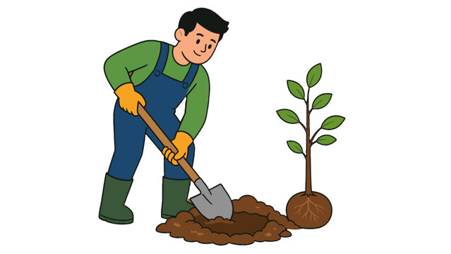 Man digging soil beside sapling in flat vector illustration