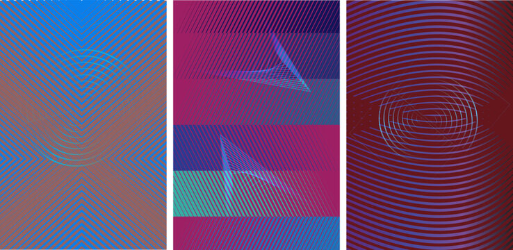 Vibrant geometric patterns with lines and shapes in blue, purple, and green hues