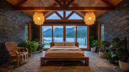 Fototapeta premium Biophilic Bedroom Interior with Teak Bed, Stone Walls, and Lakeside View with Wooden Beams