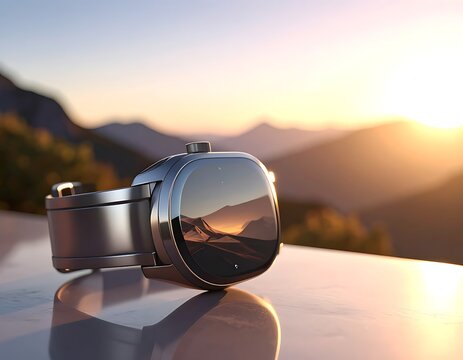 A futuristic headset rests on a reflective surface with mountains