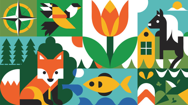Geometric digital illustration featuring a fox, bird, horse, flower, and nature elements grid