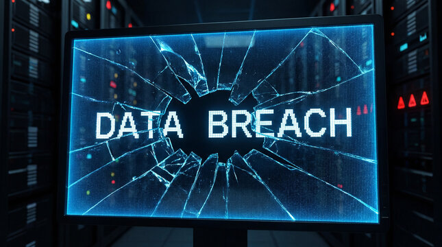 Text data breach on a shattered computer screen, revealing a server room background, illustrating cybersecurity threats
