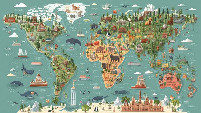 Illustrated world map featuring landmarks, animals, and varied landscapes on a light blue background