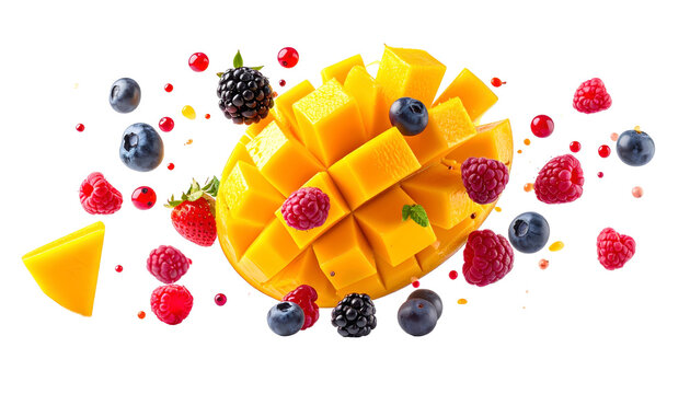 Fresh sliced mango cubes flying with raspberries, blueberries, blackberries and strawberries on transparent background. Concept of healthy vitamin snack