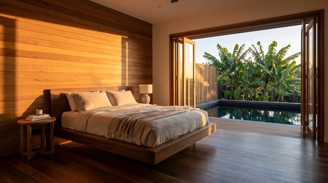 Luxury Tropical Bedroom Interior with Floating Wooden Bed, Teak Walls, and Plunge Pool View