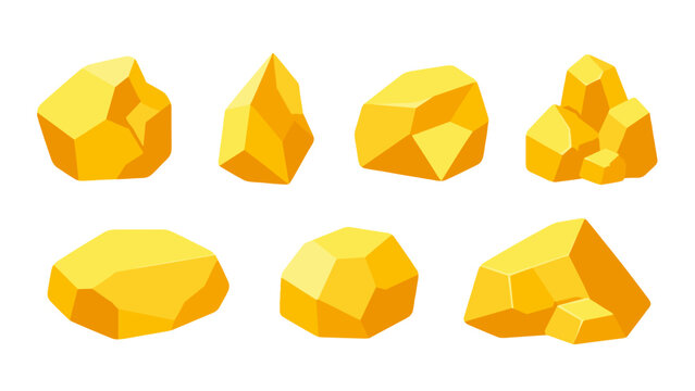 Set of faceted gold nuggets and stone clusters vector illustration