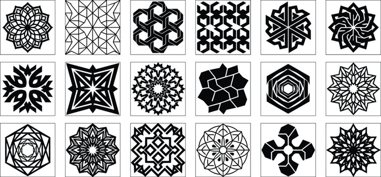 Islamic Geometric Pattern and Arabic Mandala Vector Collection with Monochrome Star Ornaments, Line Art Tiles, and Oriental Elements for Traditional Designs