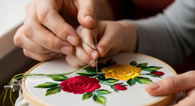 Adult and child hands learning floral embroidery needlework together