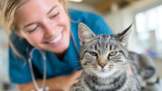 Smiling female veterinarian with tabby cat in veterinary clinic setting Generative AI