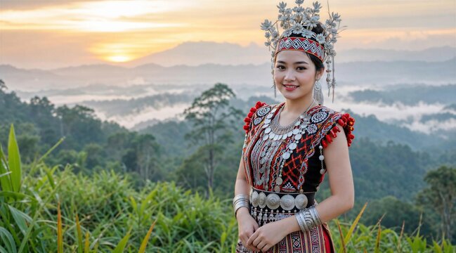 Portrait of Sarawakian Iban Woman in Authentic Ngepan Indu Costume