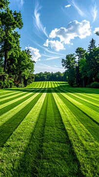 Perfectly manicured green lawn with parallel stripes after mowing in a park surrounded by lush trees under blue sky with clouds. Concept of professional landscaping and lawn care