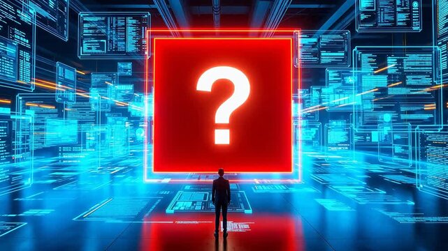 Person facing glowing question mark in digital space
