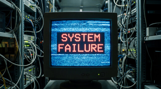 System failure message appearing on an old monitor within a data center, showing a technology breakdown, error, or glitch