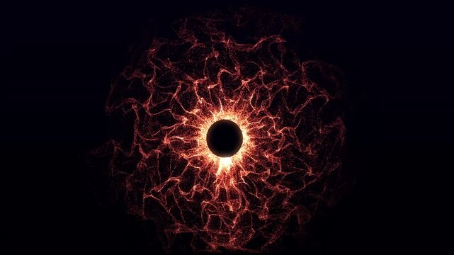 Abstract black hole silhouette surrounded by fiery orange particle stardust cosmic ring, Fiery red solar flare plasma explosion with dark center core abstract background, Glowing orange quantum energy