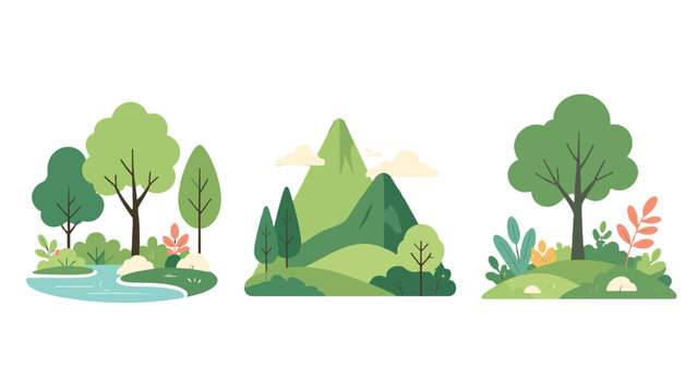 Green nature landscape vector icons set with trees and hills